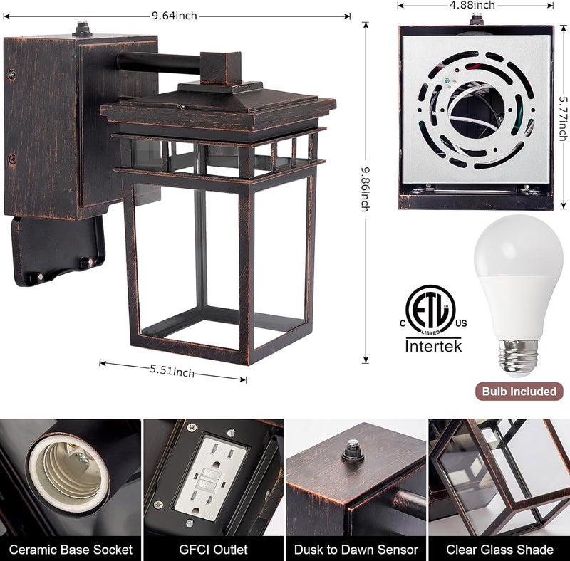FANDBO Dusk to Dawn Outdoor Wall Lighting with Outlet,Porch Light with GFCI Outlet Built in,Anti-Rust Alunmium Wall Lantern with Clear Glass Shade,Outdoor Light for House Garage, Bulb Included(Brown) - Image 2